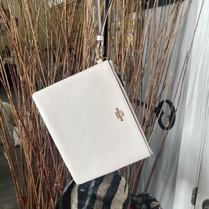 Coach White Pebble Leather Wristlet Pouch with Crystal Key Charm Cottagecore